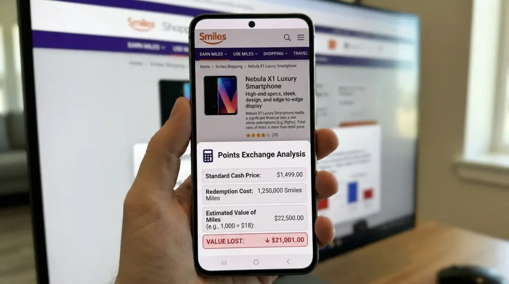 O erro fatal no resgate da Smiles que faz você perder 40% do seu dinheiro 1 Tela de computador exibindo o site da Smiles com a conversão matemática de perda de dinheiro ao trocar pontos por um smartphone de luxo.