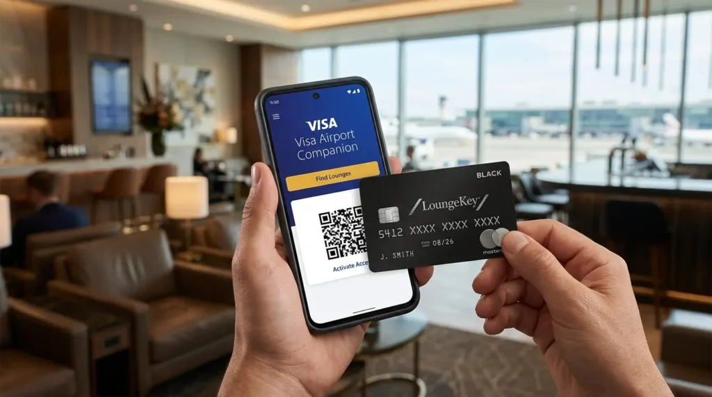 Visa Airport Companion vs LoungeKey: Qual o Melhor para Salas VIP em 2026? 2 Mão segurando um cartão premium e um smartphone aberto no aplicativo de salas VIP, ilustrando a tecnologia por trás do duelo Visa Airport Companion vs LoungeKey.