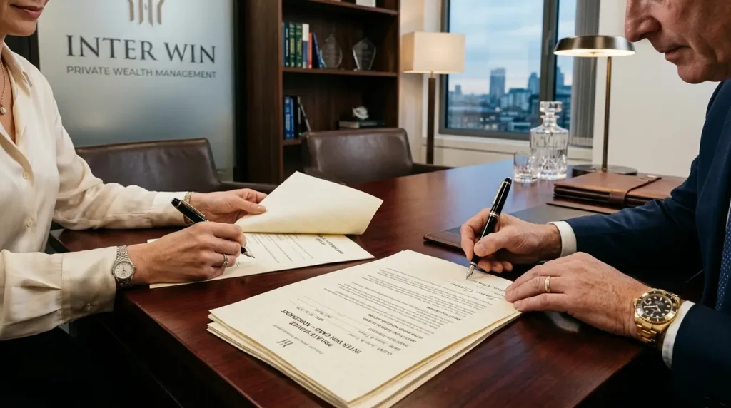 Cartão Inter Win: O Acesso Definitivo ao Private Banking e aos Benefícios Mastercard Black 1 Detalhe de mãos assinando documentos de alta finança em um escritório executivo premium com foco em investimentos do Cartão Inter Win.
