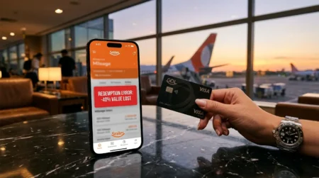 O erro fatal no resgate da Smiles que faz você perder 40% do seu dinheiro smartphone em um aeroporto exibindo alerta de erro de 40% de perda no resgate da Smiles, representando má gestão de milhas.
