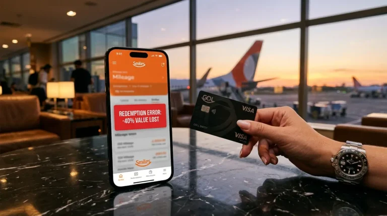 smartphone em um aeroporto exibindo alerta de erro de 40% de perda no resgate da Smiles, representando má gestão de milhas.