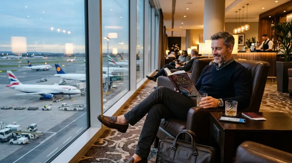O Plano Definitivo para Juntar Milhas em 2026: Da Estaca Zero à Passagem na Mão 1 Sala VIP de aeroporto com poltronas confortáveis e janela para a pista.O Plano Definitivo para Juntar Milhas em 2026
