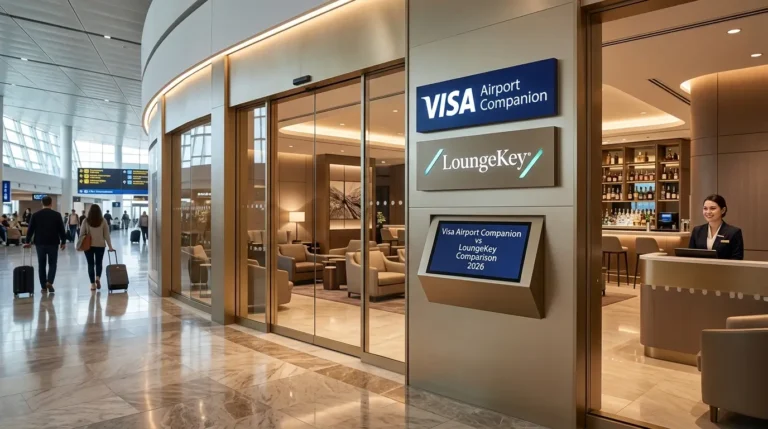 Visa Airport Companion vs LoungeKey: Qual o Melhor para Salas VIP em 2026? Foto de alta qualidade mostrando a entrada de um lounge VIP luxuoso, com logos do Visa Airport Companion e LoungeKey em destaque no duelo Visa Airport Companion vs LoungeKey.