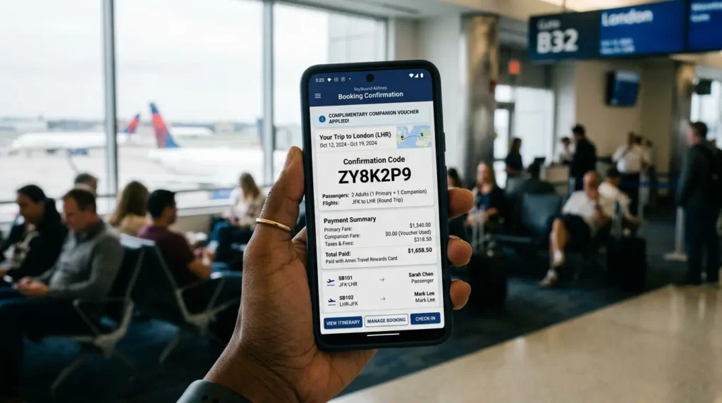 Acompanhante Grátis no Cartão de Crédito: Como Funciona o Companion Pass em 2026 1 Tela de smartphone exibindo o código de confirmação de um bilhete emitido pelo benefício de acompanhante grátis no cartão de crédito.