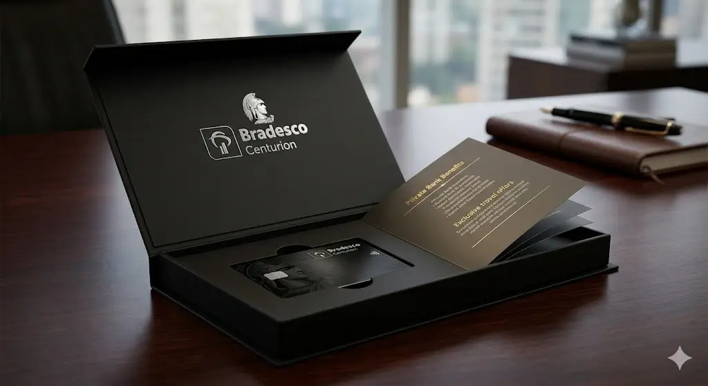 Bradesco Centurion: O Guia Completo do Cartão Amex Black em 2026 2 O luxuoso welcome kit preto do Bradesco Centurion aberto sobre uma mesa de escritório Private, revelando o cartão de metal e os guias de benefícios exclusivos, simbolizando a privacidade e a governança de luxo do Amex.