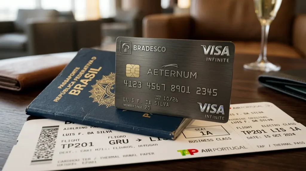 Bradesco Aeternum Visa Infinite: Guia de Aprovação 2026 1 Cartão Bradesco Aeternum Visa Infinite sobre passaporte e cartão de embarque