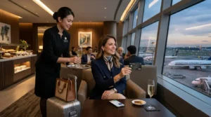 Cliente utilizando os benefícios premium do Bradesco Aeternum durante uma viagem internacional