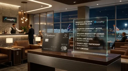 Bradesco Aeternum LoungeKey: O Que Mudou em 2026 e Vale a Pena Continuar com o Cartão? Cartão Bradesco Aeternum destacando as mudanças no LoungeKey e benefícios de salas VIP em 2026
