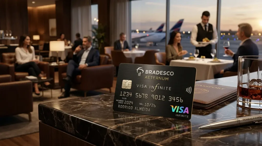 Como Conseguir o Cartão Bradesco Aternum: Guia de Metal 2026 2 cartões Visa Infinite e Mastercard Black no ambiente executivo solicitado, com o gráfico comparativo ao fundo e iluminação profissional de alta qualidade. Espero que o resultado atenda à sua expectativa!Como Conseguir o Cartão Bradesco Aeternum