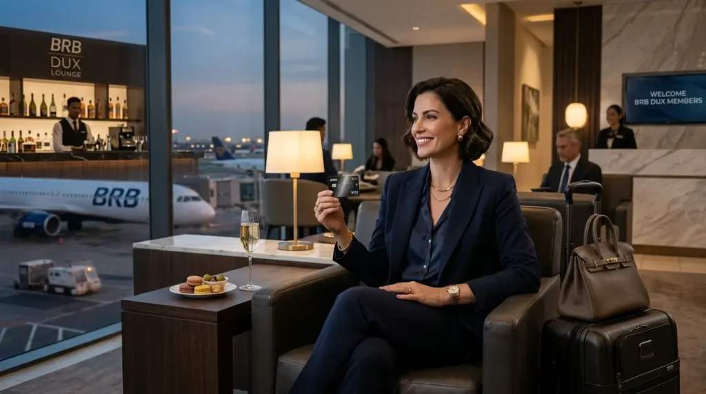 Guia Definitivo BRB DUX Visa Infinite: em 2026 Benefícios, Sala VIP, Pontuação e Como Conseguir 3 Cliente utilizando os benefícios do BRB DUX Visa Infinite durante uma viagem internacional. Guia Definitivo BRB DUX Visa Infinite em 2026