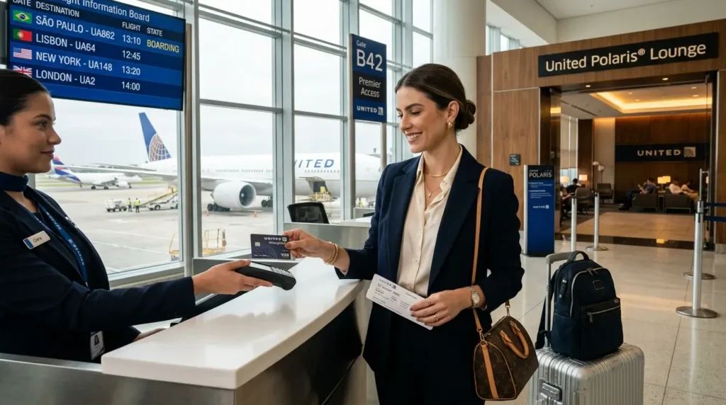 Cartão United MileagePlus Brasil: Benefícios, Até 17 Milhas e Como Solicitar 1 Passageiro utilizando o Cartão United MileagePlus Brasil em aeroporto internacional.Cartão United MileagePlus Brasil
