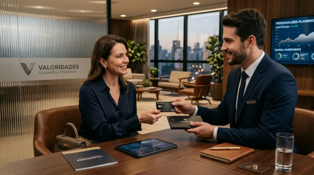 Cliente conhecendo o funcionamento do Unicred Ímpar Visa Infinite em uma cooperativa financeira