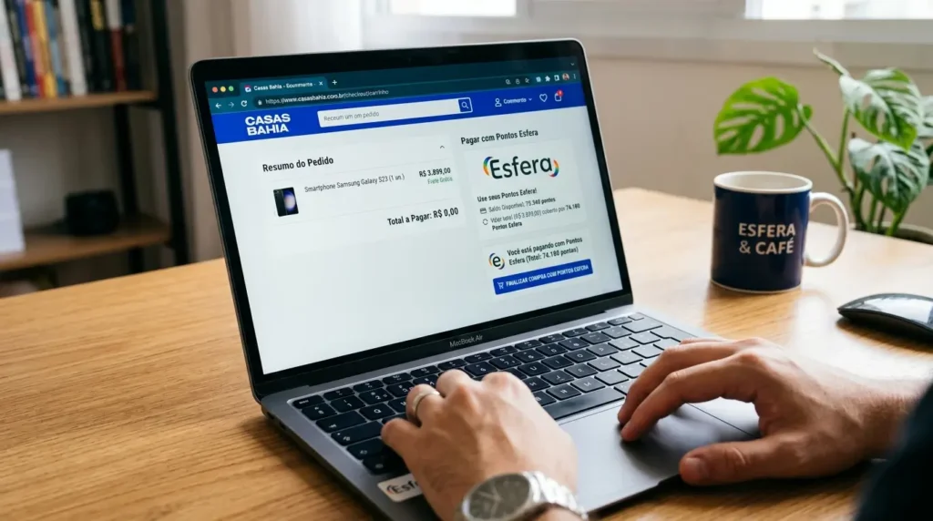 Notebook aberto na tela de fechamento de carrinho de compras exibindo o selo de pontuação da parceria Esfera e Casas Bahia no e-commerce.
