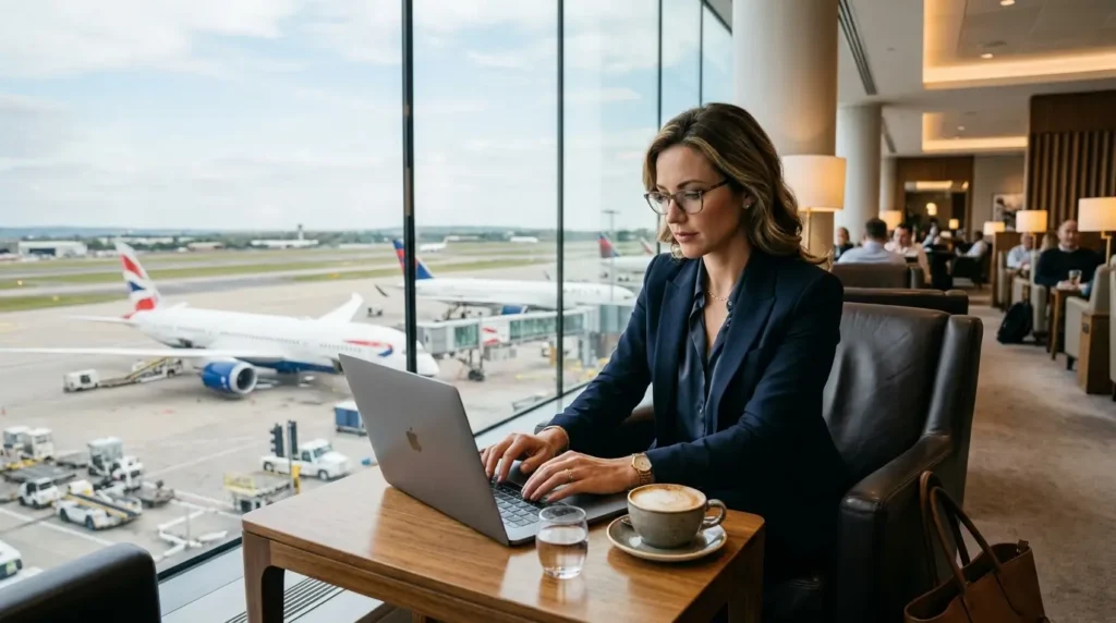 Melhores Cartões para Sala VIP em 2026: Guia Completo para Viajar com Mais Conforto 4 Recepção de lounge premium ilustrando as coberturas oferecidas pelos melhores cartões de crédito para acesso a sala VIP.
