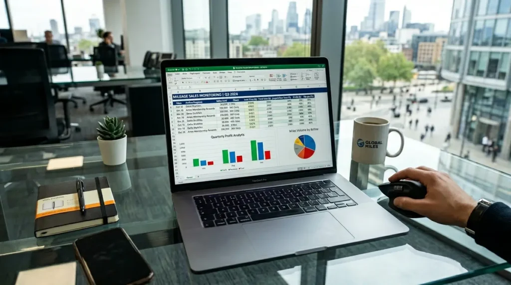 Como Vender Milhas Aéreas: O Guia Prático de Monetização em 2026 1 Visão superior e elegante de um notebook aberto em uma mesa de vidro de um escritório de alta gama, exibindo uma planilha financeira colorida com gráficos de barras de lucros e controle de extratos de milhas.