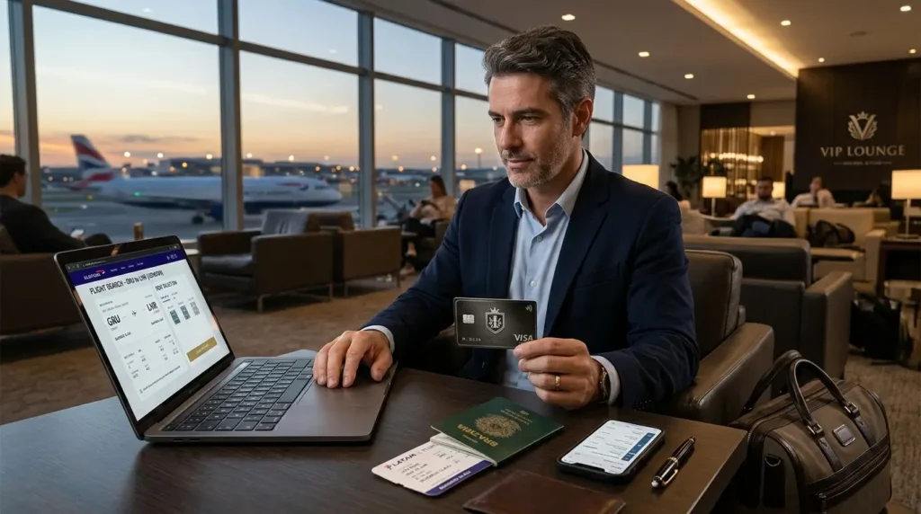 Executivo utilizando os benefícios do Unicred Ímpar Visa Infinite em uma sala VIP de aeroporto
