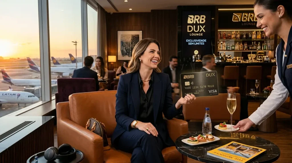 Guia Definitivo BRB DUX Visa Infinite: em 2026 Benefícios, Sala VIP, Pontuação e Como Conseguir 1 Cliente utilizando benefícios do BRB DUX Visa Infinite em sala VIP de aeroporto.