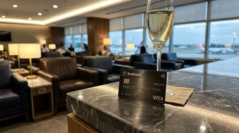 Cartão de Crédito Bradesco Private Visa Infinite: O Guia de Gestão Patrimonial em 2026 Cartão de crédito Bradesco Private Visa Infinite posicionado de forma imponente em um lounge executivo premium, ilustrando os benefícios de sala VIP.