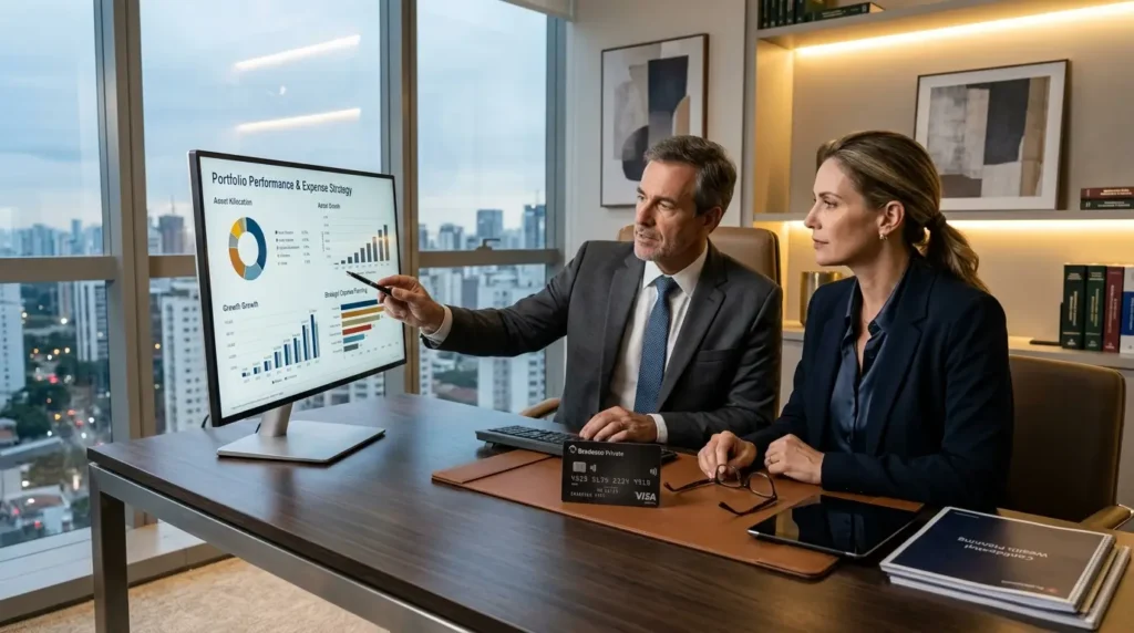 Cartão de Crédito Bradesco Private Visa Infinite: O Guia de Gestão Patrimonial em 2026 1 Reunião de Wealth Management detalhando o planejamento estratégico e a alocação de ativos com o cartão de crédito Bradesco Private Visa Infinite.