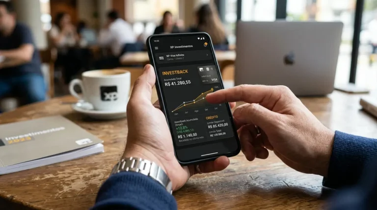 Mão segurando um smartphone moderno em um ambiente de escritório iluminado, exibindo a tela do app com o saldo acumulado de Investback em fundo de renda fixa.