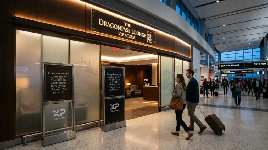 Cartão XP Visa Infinite One Pontua? Guia de Retorno 2026 1 cartão XP Visa Infinite One pontua. QR Code gerado pelo aplicativo Visa Airport Companion sendo lido por scanner eletrônico na recepção moderna de uma sala VIP Dragon Pass em aeroporto hub internacional.