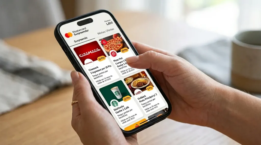 Código Promocional Mastercard Surpreenda 2026: Como Aproveitar Benefícios e Promoções 1 Usuário consultando promoções e benefícios do programa Mastercard Surpreenda pelo celula