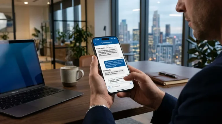 Usuário utilizando o chat de suporte no smartphone para realizar o procedimento de como conseguir isenção de anuidade em cartões de crédito de alta renda.