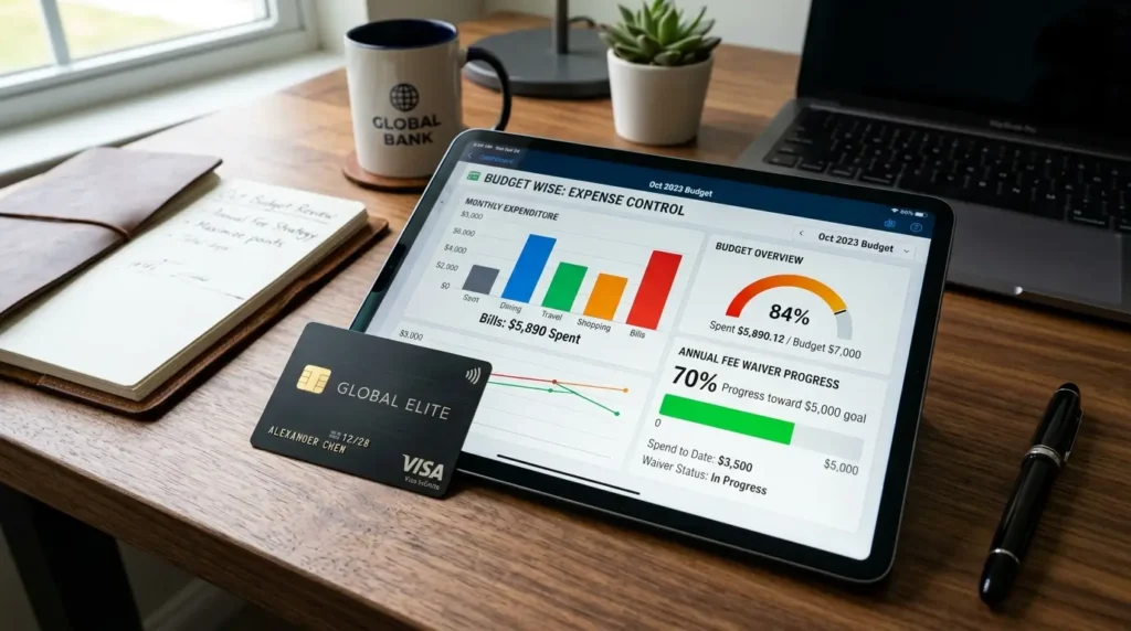 Como Conseguir Isenção, Anuidade, Cartões de Crédito: O Guia de Negociação em 2026 1 Cartão de elite sobre tela de tablet com gráficos de desempenho, representando a gestão contábil de como conseguir isenção de anuidade em cartões de crédito.