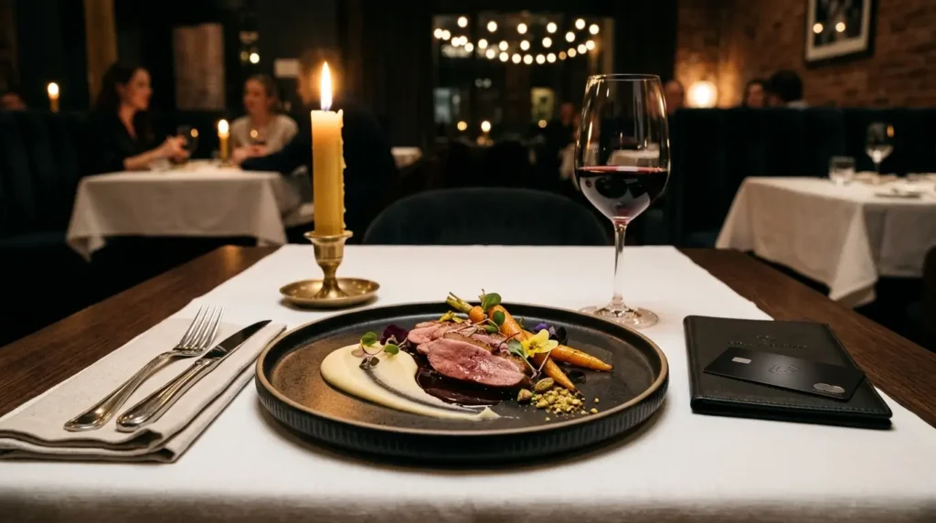 Mesa posta de restaurante luxuoso iluminado à luz de velas, exibindo pratos de alta gastronomia contemporânea associados aos benefícios do plano anual.como conseguir o cartão Inter Black