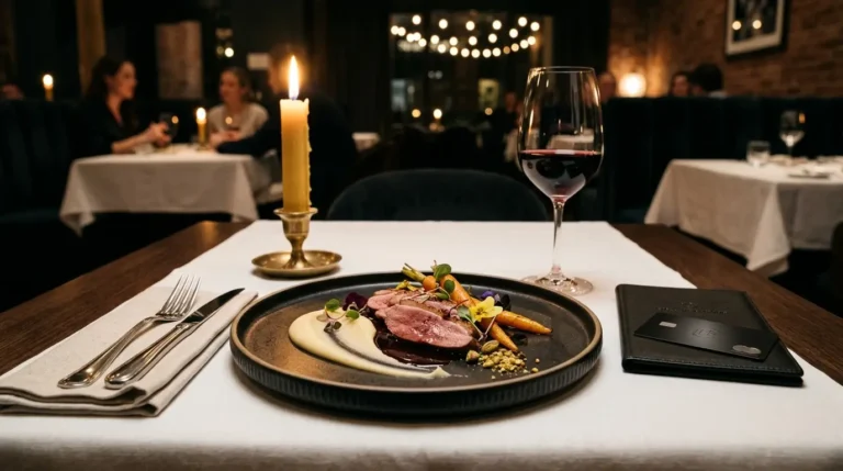 Mesa posta de restaurante luxuoso iluminado à luz de velas, exibindo pratos de alta gastronomia contemporânea associados aos benefícios do plano anual.como conseguir o cartão Inter Black