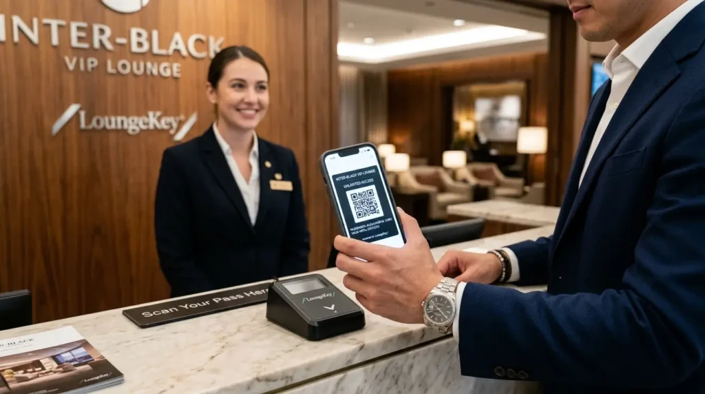 Como Conseguir o Cartão Inter Black: Guia Duo Gourmet 2026 1 como conseguir o cartão Inter Black como um passageiro de alta renda segurando um smartphone na recepção de um lounge de aeroporto premium para validar acesso ilimitado à sala VIP LoungeKey.