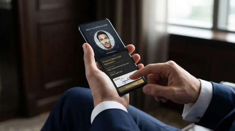 Usuário utilizando aplicativo de banco digital para assinar e validar a aprovação do seu cartão de crédito black no smartphone.