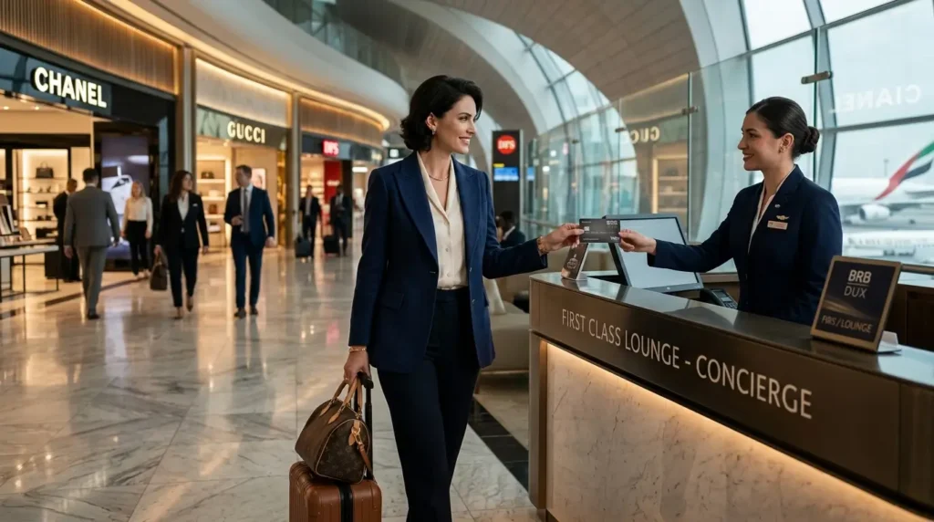 viajante utilizando benefícios premium do BRB DUX Visa Infinite durante viagem internacional.