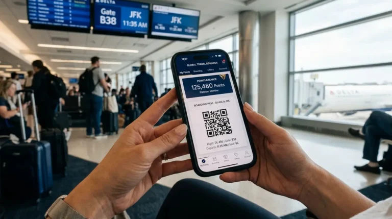 Close-up de mãos segurando um smartphone moderno em um terminal de aeroporto, exibindo o saldo de pontos e QR Code de embarque em um aplicativo de programa de fidelidade.