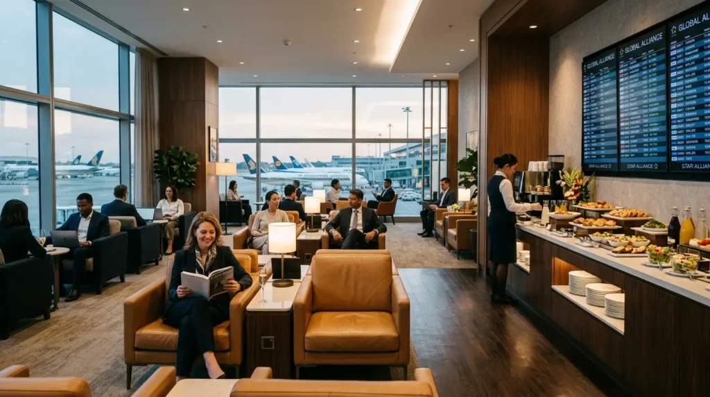 Melhores Programas de Fidelidade: Guia de Alavancagem 2026 1 Lounge VIP luxuoso de uma aliança aérea global com poltronas de design, buffet premium e painéis com horários de voos internacionais visíveis. melhores programas de fidelidade