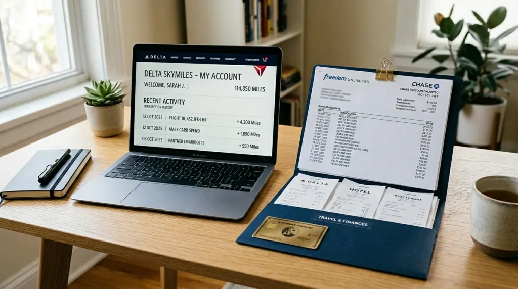 Como Declarar Milhas no Imposto de Renda 2026: Guia Atual 2 Computador exibindo programas de fidelidade e documentos utilizados para organizar a venda de milhas e a declaração do Imposto de Renda. Como Declarar Milhas no Imposto de Renda 2026