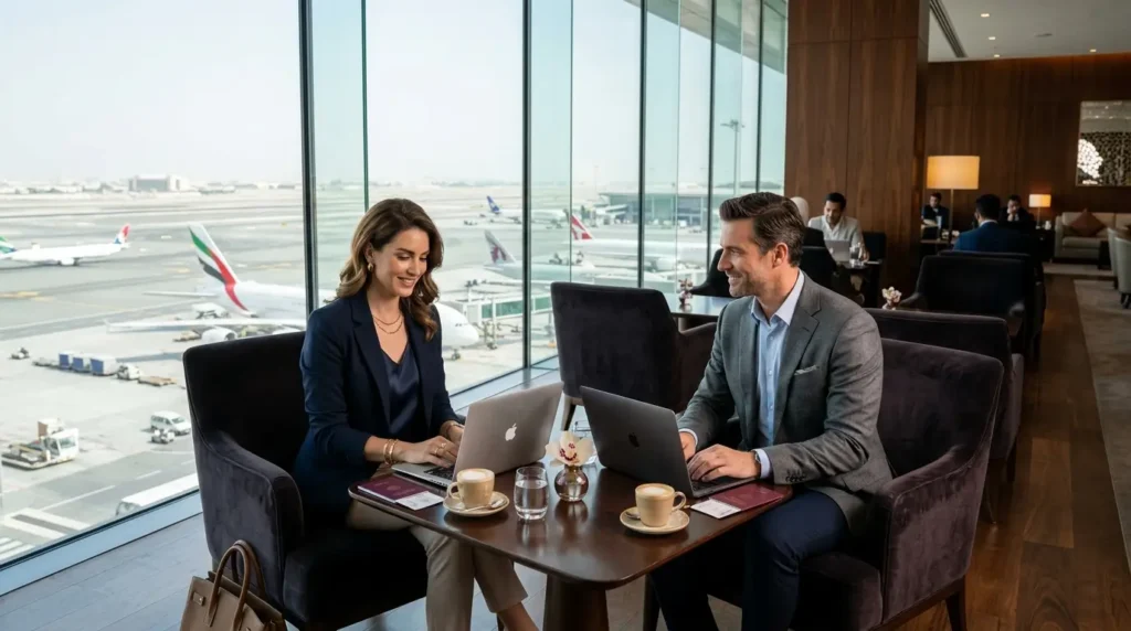 Melhores Cartões para Sala VIP em 2026: Guia Completo para Viajar com Mais Conforto 5 Viajantes utilizando sala VIP em aeroporto