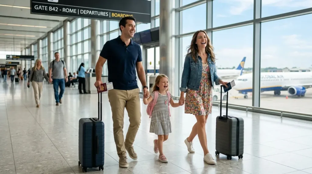 Milhas ainda valem a pena em 2026? Guia completo 4 Família embarcando em viagem utilizando benefícios obtidos através de programas de milhas em 2026.