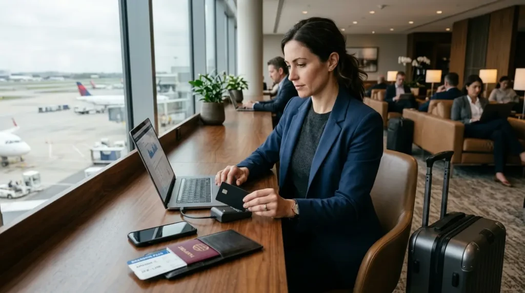 Associado do Sicredi utilizando o cartão Visa Infinite durante uma viagem internacional.