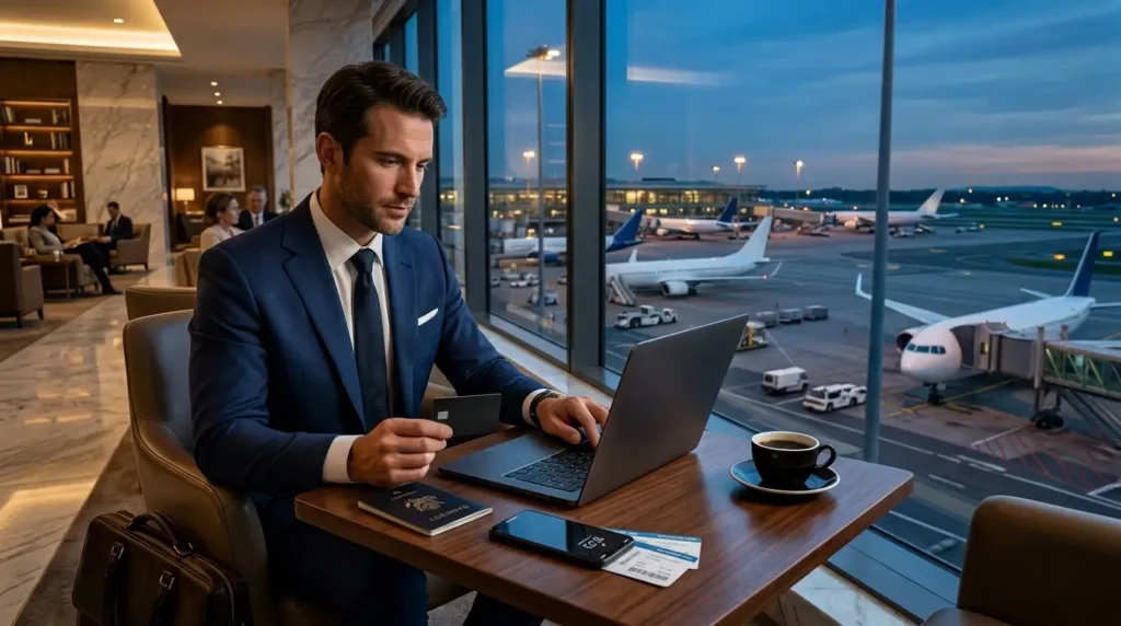 American Express Centurion: Vale a Pena? Guia Completo 2026 2 Cliente utilizando os benefícios exclusivos do American Express Centurion durante uma viagem internacional de luxo.