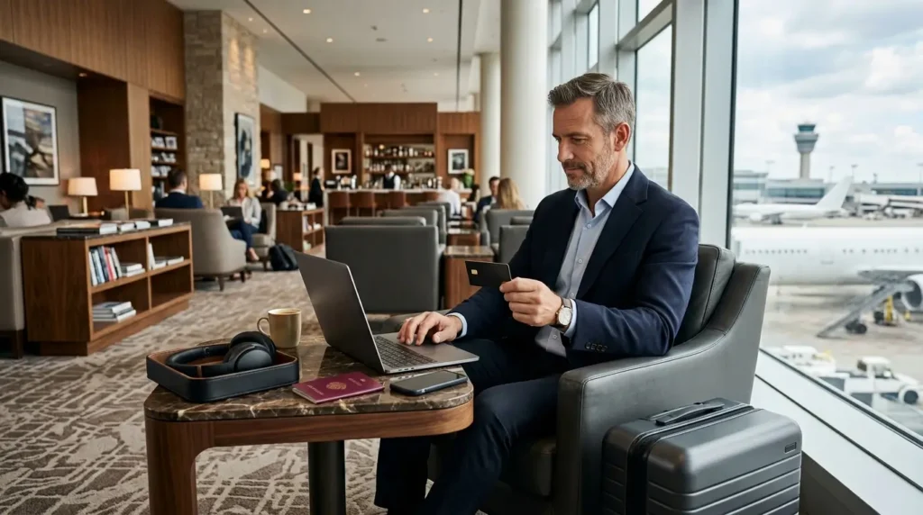 Cliente aproveitando uma sala VIP de aeroporto utilizando benefícios de cartão premium.