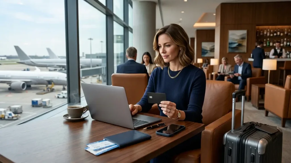 Cliente utilizando os benefícios premium do Sicredi Visa Infinite durante uma viagem internacional.