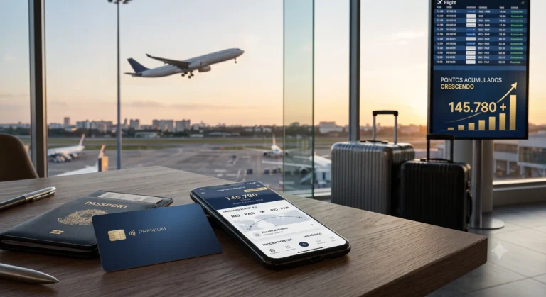 Cartão sem Anuidade com Pontos em 2026: Vale a Pena? Veja os Melhores Cartão sem anuidade com programa de pontos ao lado de celular mostrando pontos acumulados para viagens.