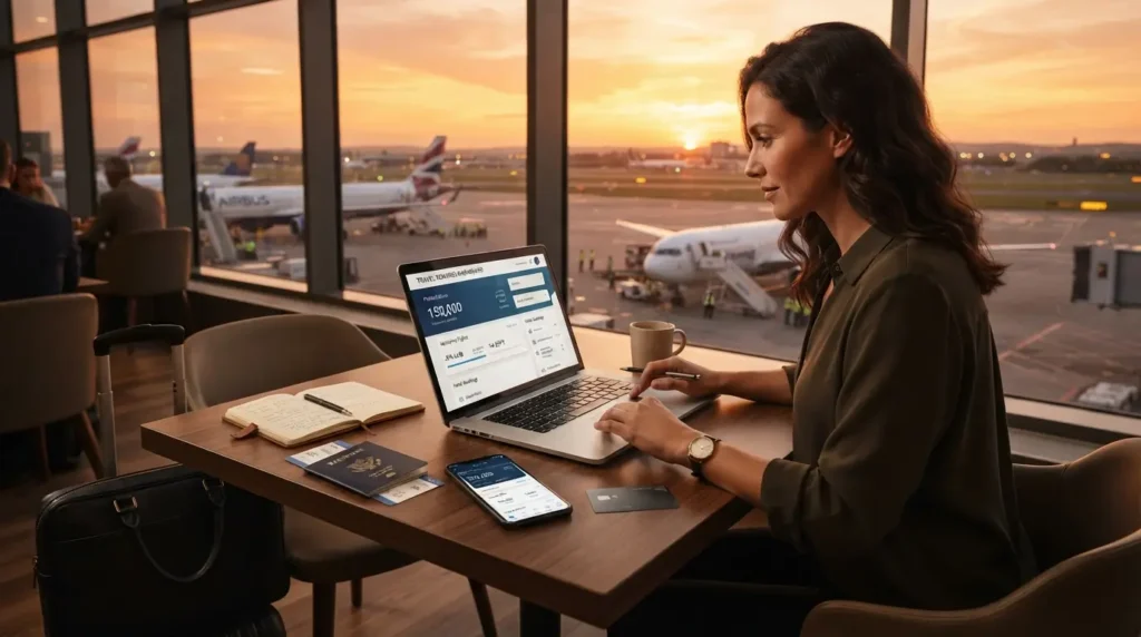 Como Começar a Acumular Milhas do Zero em 2026: Guia Definitivo Pessoa planejando viagem utilizando cartão de crédito e programas de milhas em notebook.