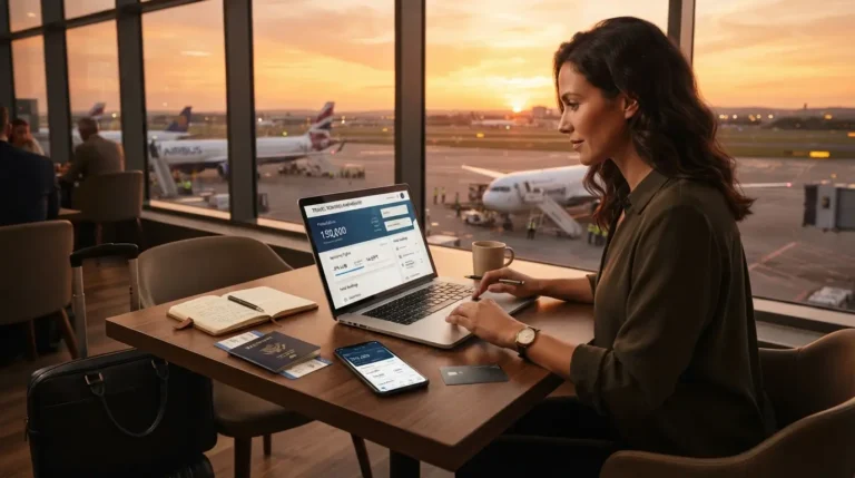 Como Começar a Acumular Milhas do Zero em 2026: Guia Definitivo Pessoa planejando viagem utilizando cartão de crédito e programas de milhas em notebook.