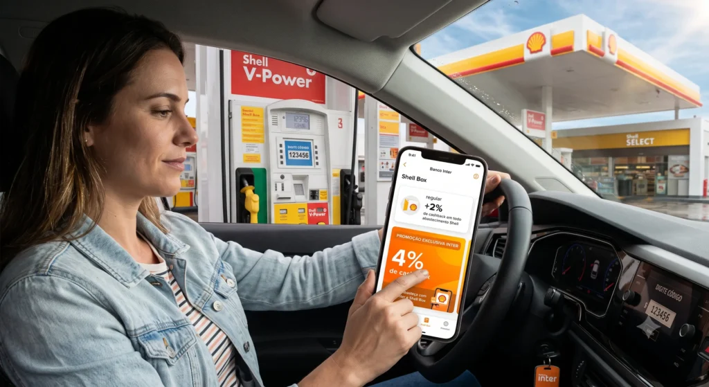 Banco Inter Cashback Shell Box: Como Economizar ao Abastecer em 2026 2 Banco Inter Cashback Shell Box durante abastecimento.