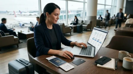 Pessoa analisando programas de pontos e fidelidade em notebook com cartão de crédito e passaporte sobre a mesa.