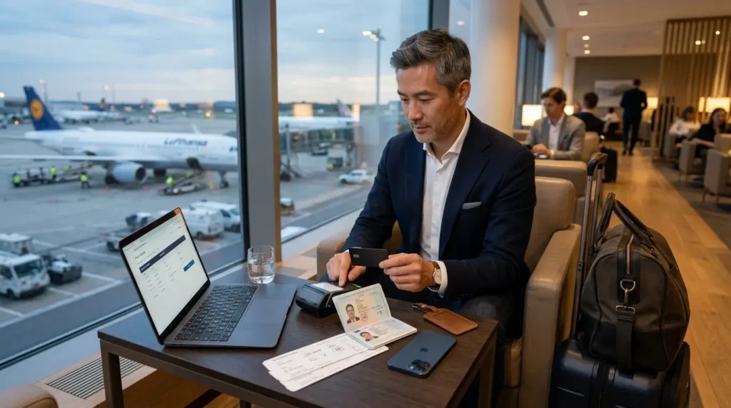 Cliente utilizando o Santander Unlimited durante uma viagem internacional com benefícios premium.