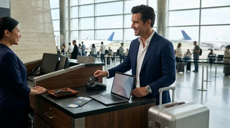 Cliente utilizando o Sicredi Visa Infinite durante uma viagem internacional com benefícios premium.