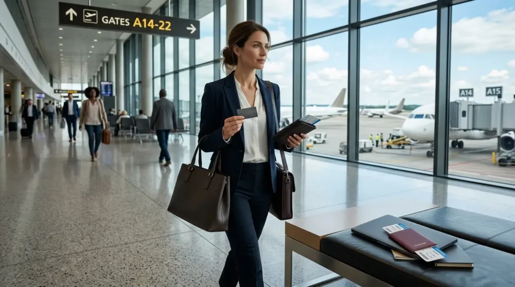 Cliente utilizando os benefícios do Sicredi Visa Infinite para viajar com mais conforto e acumular milhas.